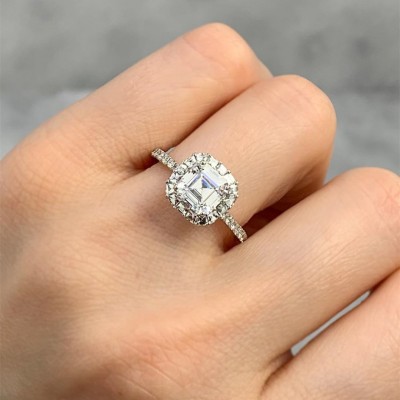 Asscher Cut White Sapphire 925 Sterling Silver Halo Engagement Rings
