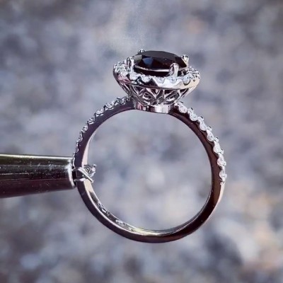 Round Cut Black Sapphire 925 Sterling Silver Halo Engagement Rings