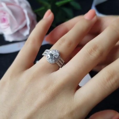 Oval Cut White Sapphire 925 Sterling Silver Halo Engagement Rings