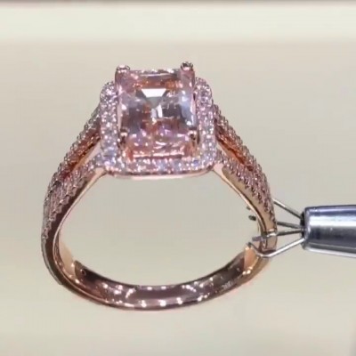 Radiant Cut?Pink Sapphire Rose Gold 925 Sterling Silver Halo Engagement Rings