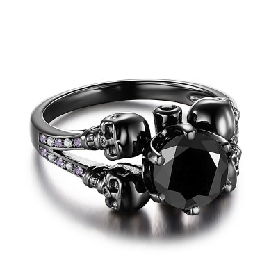 Round Cut Black Gemstone Sterling Silver Skull Ring