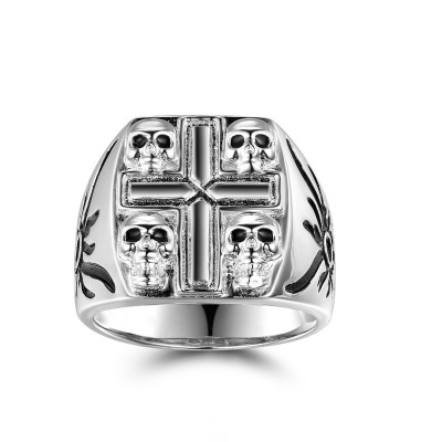 Black Gemstone Sterling Silver Four Skull Ring