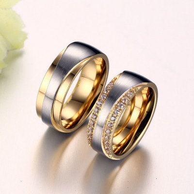 Gold and Silver Gemstone Titanium Steel Promise Ring for Couples