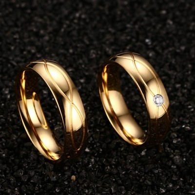 Gold Round Cut Gemstone Titanium Steel Promise Ring for Couples