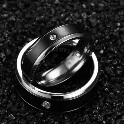 Black Titanium Steel Round Cut Gemston Promise Ring for Couples