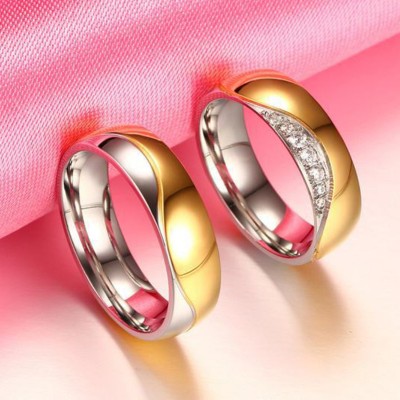 Round Cut White Sapphire Gold & Silver Titanium Steel Promise Rings for Couples