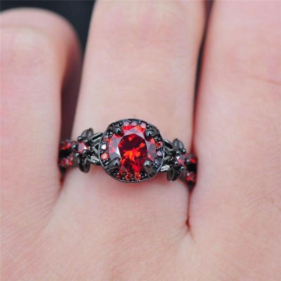 Round Cut Ruby Black Promise Rings For Her