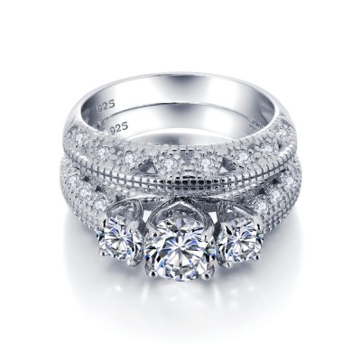 Round Cut White Sapphire Silver 3-Stone Bridal Sets