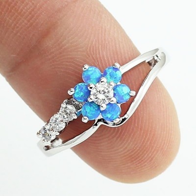Round Cut White Sapphire Blue Flower Promise Ring