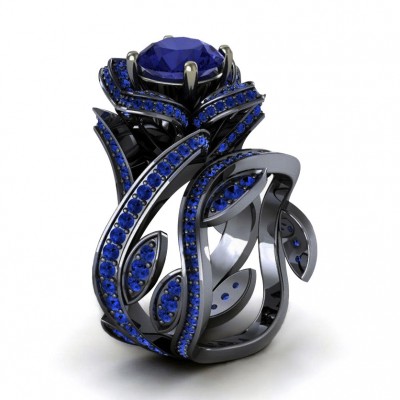 Round Cut Blue Sapphire Black Flower Bridal Sets