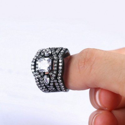 Princess Cut White Sapphire Black Three-Stone 3-Piece Bridal Sets