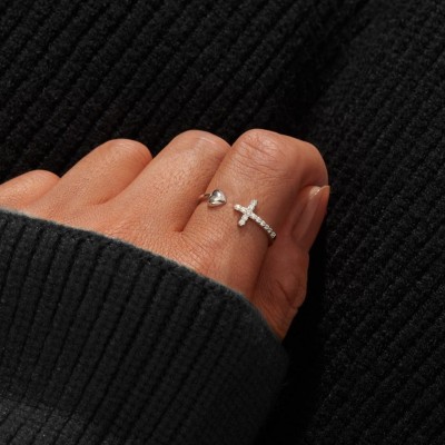 Round Cut White Sapphire Cross and Heart Ring