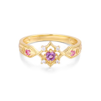 Round Cut Purple Crystal Gold 925 Sterling Silver Engagement Rings