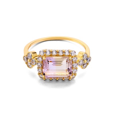 Emerald Cut Purple Crystal Gold 925 Sterling Silver Engagement Rings