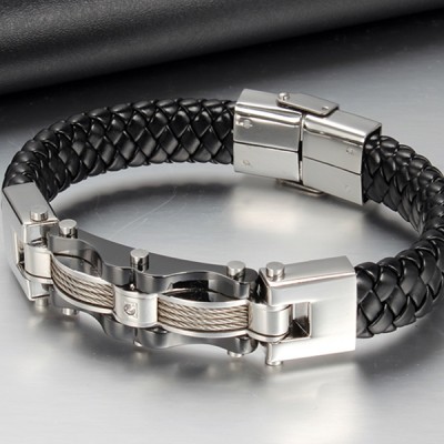 Black Leather 925 Sterling Silver Bracelet