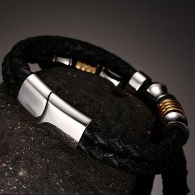 Black Leather Gold and Silver Titanium Bracelet
