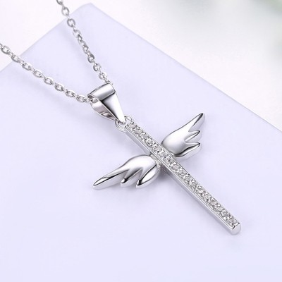 Round Cut White Sapphire Cross Wing S925 Silver Necklaces