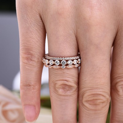 Rose Gold Art Deco 3-Pieces Stackable Sterling Silver Wedding Band