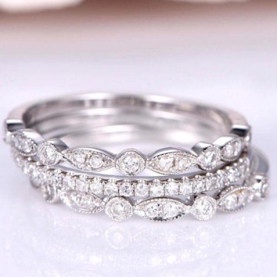 Art Deco Half Eternity 3PC Stacking Sterling Silver Wedding Band