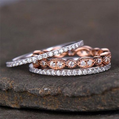 Full Eternity 3PC Stacking Rose Gold Sterling Silver Wedding Band