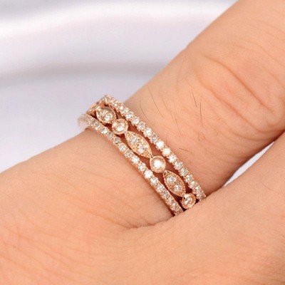 Rose Gold Art Deco 3PC Stackable Sterling Silver Wedding Band