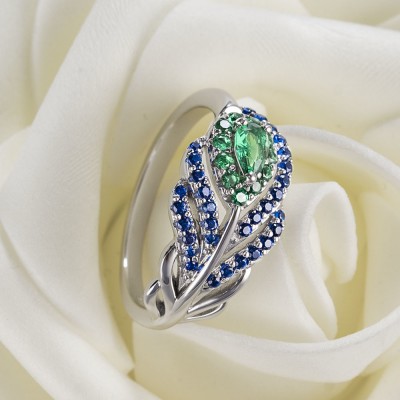 Pear Cut Emerald 925 Sterling Silver Feather Rings