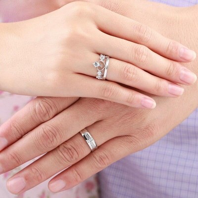 Crown Cross Matching White Sapphire 925 Silver Couple Rings