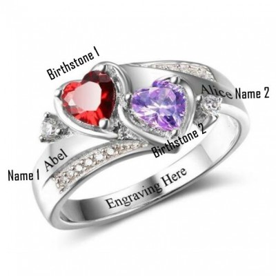 Engraved Birthstone Heart Cut 925 Sterling Silver Personalized Ring