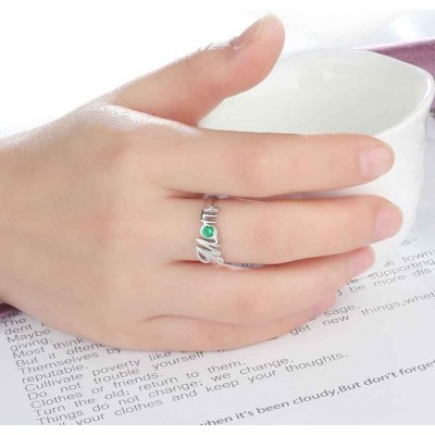 Round Cut 925 Sterling Silver Engraved Personalized Birthstone Mother Ring