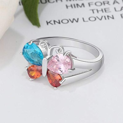 Butterfly Engraved Pear Cut 925 Sterling Silver Personalized Birthstone Ring
