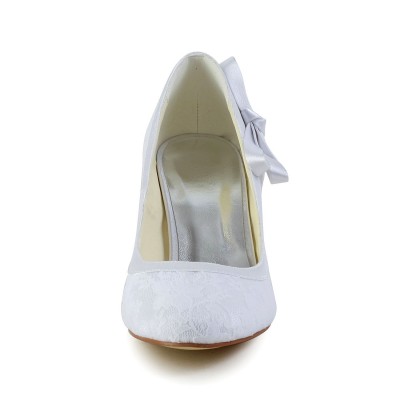 Women's Amazing Satin Closed Toe Cone Heel White Wedding Shoes With Bowknot