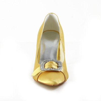 Women's Charming Satin Stiletto Heel Closed Toe With Rhinestone Gold Wedding Shoes