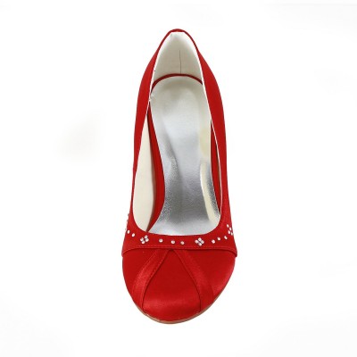 Women's Nice Satin Cone Heel Closed Toe Red Wedding Shoes With Rhinestone