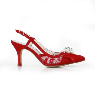 Women's Pretty Satin Stiletto Heel Sandals Closed Toe With Pearl Red Wedding Shoes