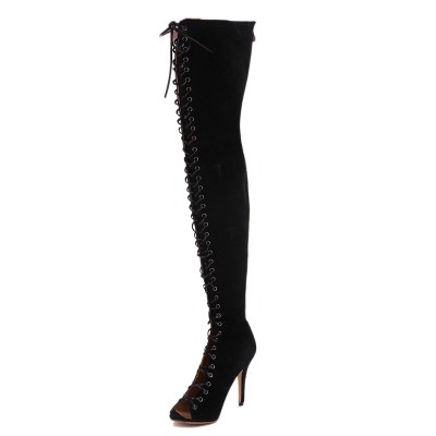 Women's Stiletto Heel Peep Toe Suede Lace-up Over The Knee Black Boots