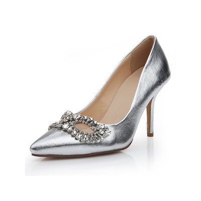 Women's Sheepskin Closed Toe Stiletto Heel With Rhinestone Silver Wedding Shoes