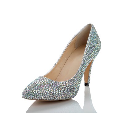Women's Cone Heel Sheepskin Closed Toe With Rhinestone Silver Wedding Shoes
