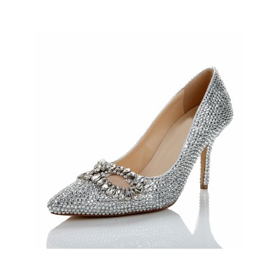 Women's Stiletto Heel Sheepskin Closed Toe With Rhinestone Silver Wedding Shoes
