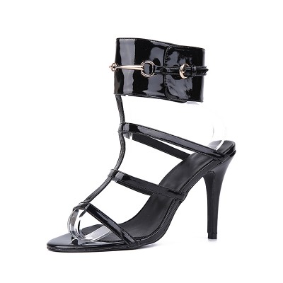 Women's Patent Leather Peep Toe Stiletto Heel Black Sandals Shoes