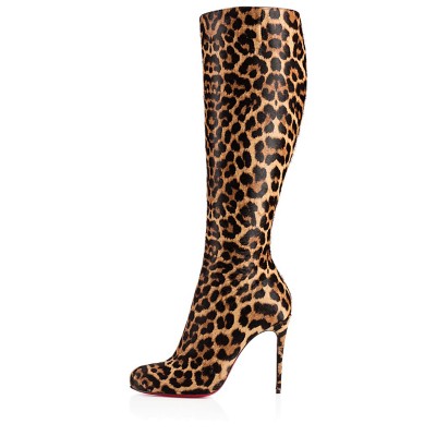Women's Leopard Print Horsehair Stiletto Heel Knee High Heels