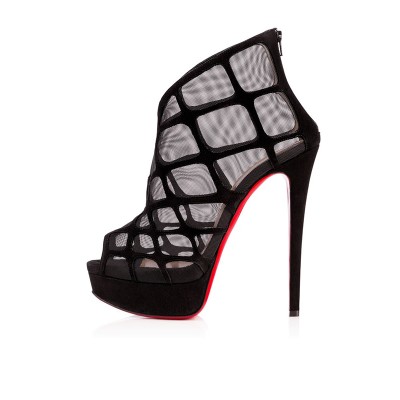 Women's Suede Peep Toe Stiletto Heel Platform Black Sandals Shoes