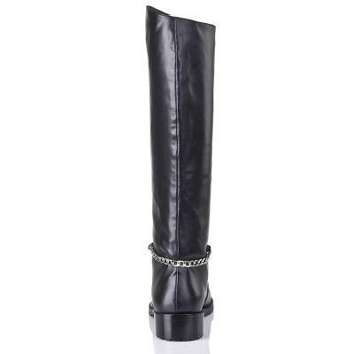 Women's Cattlehide Leather Closed Toe Kitten Heel With Chain Mid-Calf Black Boots