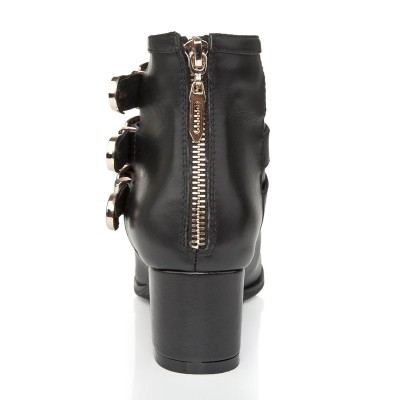 Women's Kitten Heel Cattlehide Leather With Zipper Booties/Ankle Black Boots