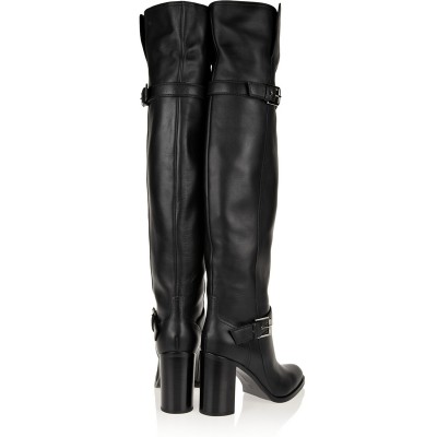 Women's Chunky Heel Cattlehide Leather With Buckle Knee High Black Boots
