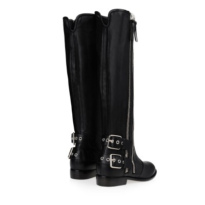 Women's Kitten Heel Cattlehide Leather With Buckle Zipper Knee High Black Boots