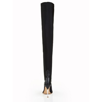Women's Elastic Leather Stiletto Heel Closed Toe Over The Knee Black Boots