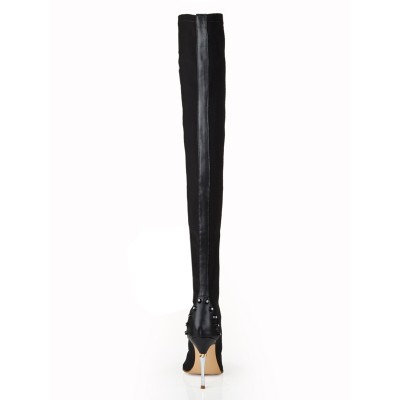 Women's Elastic Leather Stiletto Heel With Rhinestone Over The Knee Black Boots