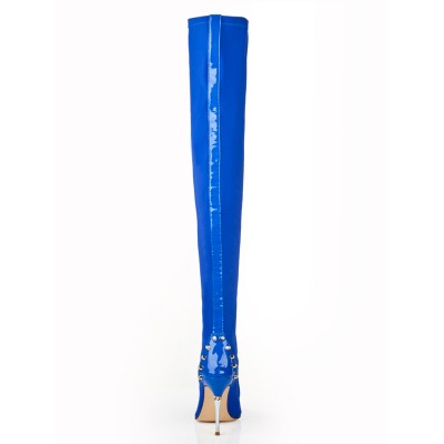 Women's Stiletto Heel Elastic Leather With Rhinestone Over The Knee Blue Boots