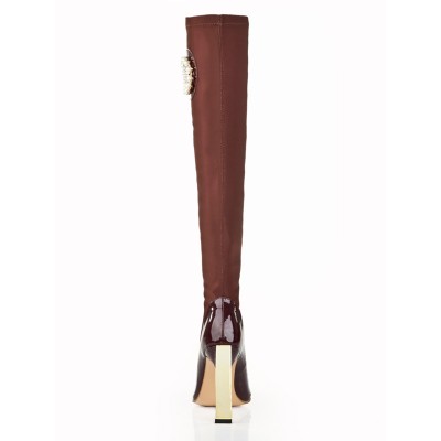 Women's Stiletto Heel Elastic Leather With Rhinestone Knee High Chocolate Boots