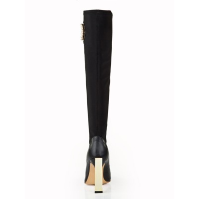 Women's Elastic Leather Stiletto Heel With Pearl Knee High Black Boots